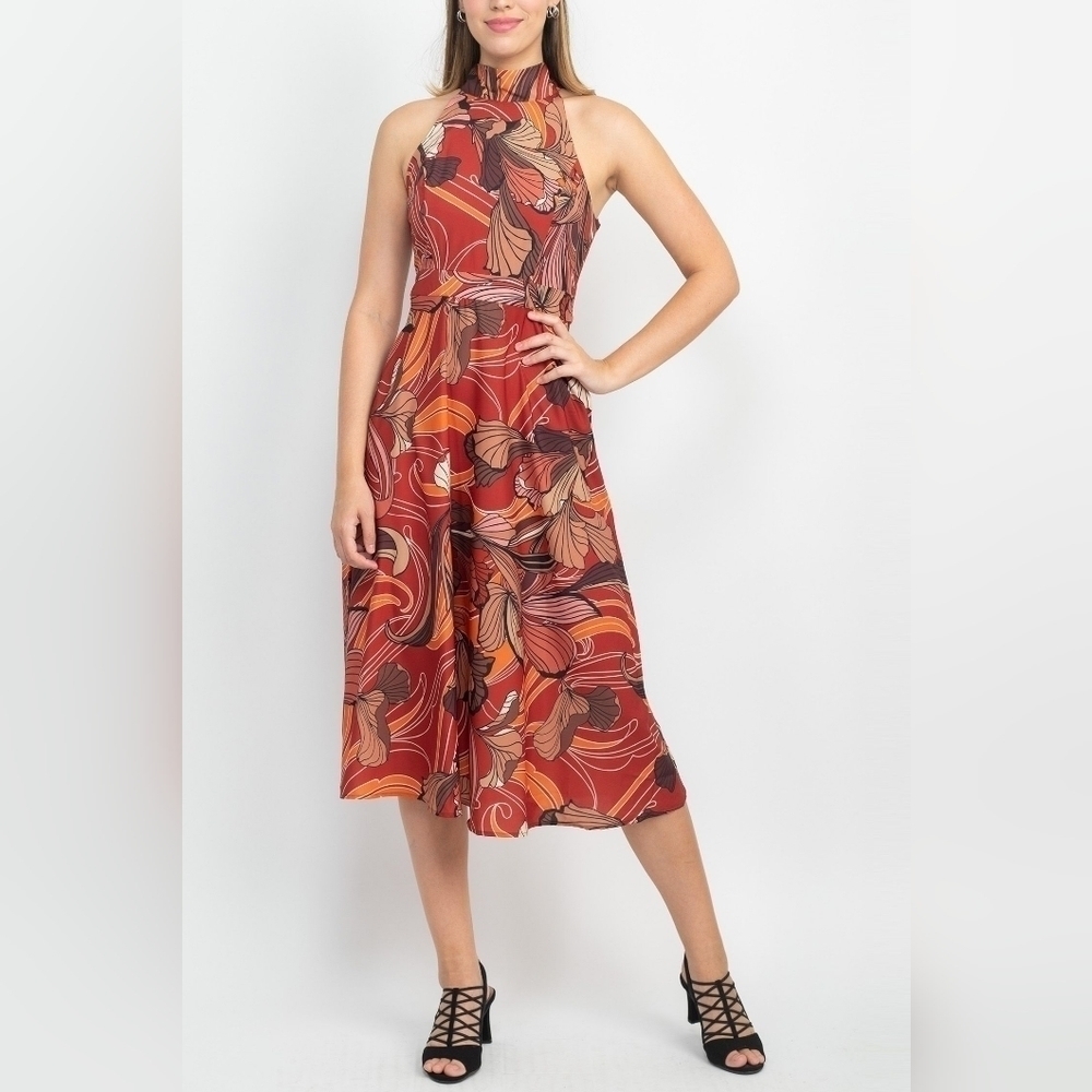 Tahari ASL High Tie Neck Sleeveless Multi Print Fit & Flare Satin Dress NWT